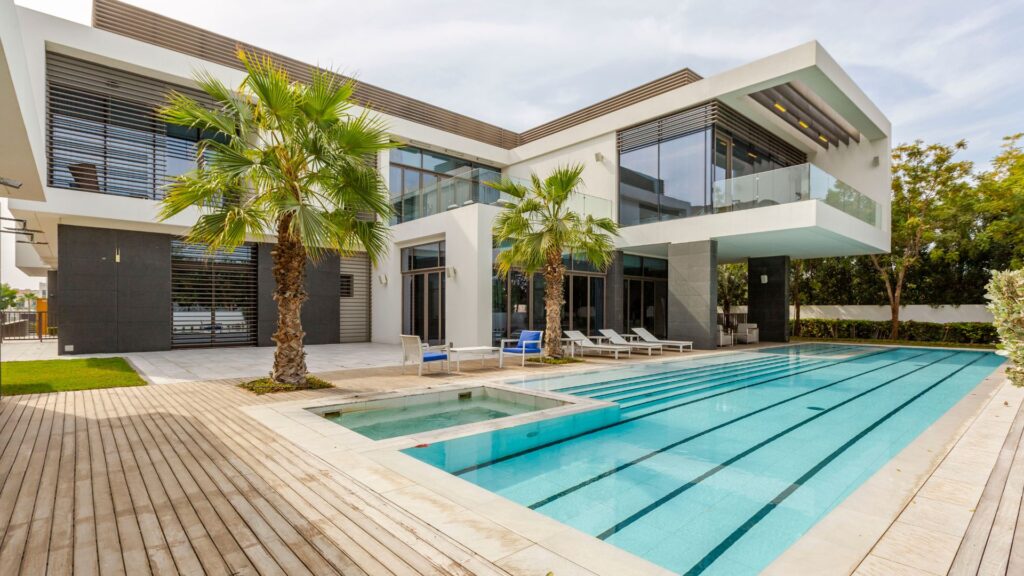 Modern looking pool with a deck