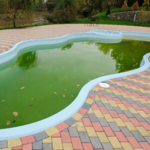 a green pool full of debris