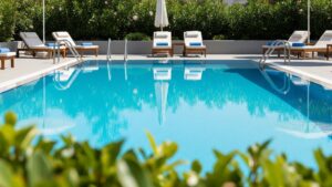 A pristine swimming pool reflecting the sky, showcasing clear blue water and a modern design.