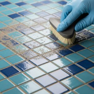 Close-up of hands cleaning pool tiles.