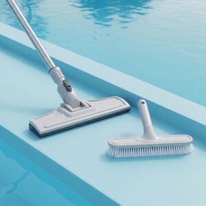 Professional pool cleaning equipment, including a vacuum head and brush.