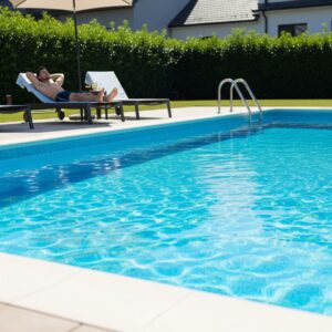 A person relaxing by a clean, sparkling swimming pool.