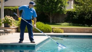 Professional pool technician maintaining a residential swimming pool