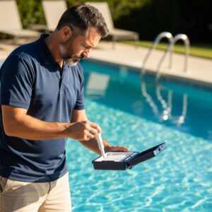 Pool technician checking water quality with a testing kit