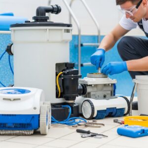 Close-up of pool equipment during repair by a technician