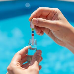 A person's hands hold a water testing kit, carefully checking the chemical balance of a pool