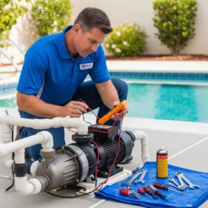 A professional pool technician kneels beside a pool pump, examining the equipment with tools