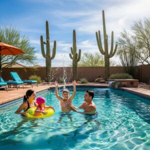 A family enjoying a clean backyard pool together