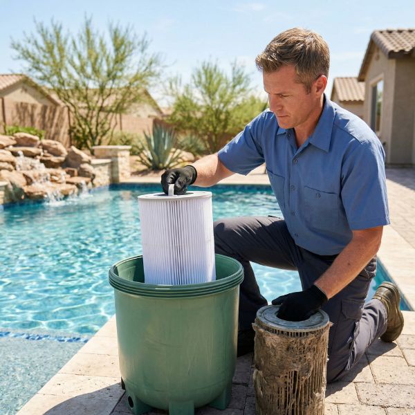 man cleaning pool filter