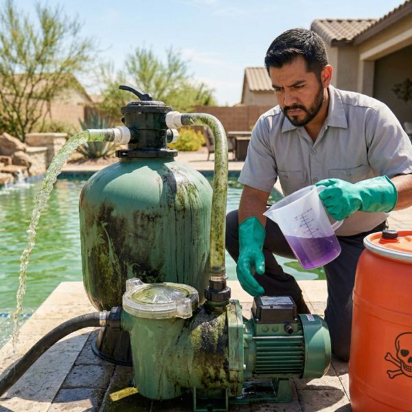 man cleaning pool equipment