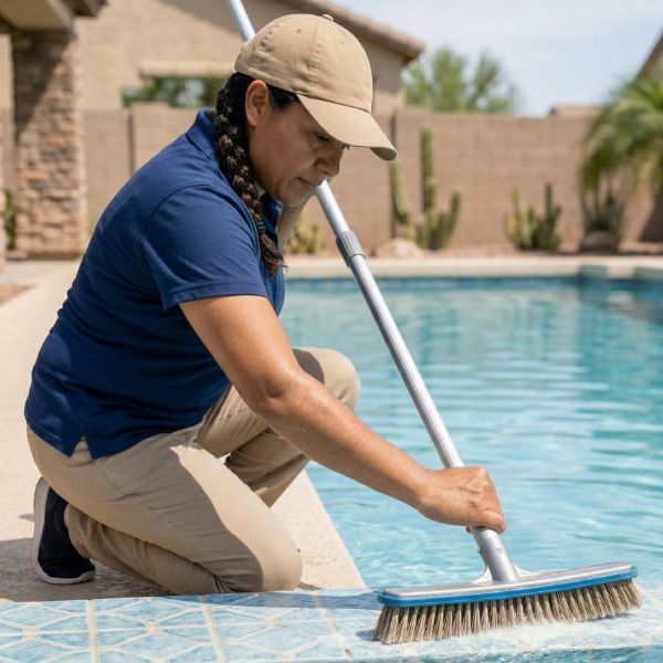 woman scrubbing pool
