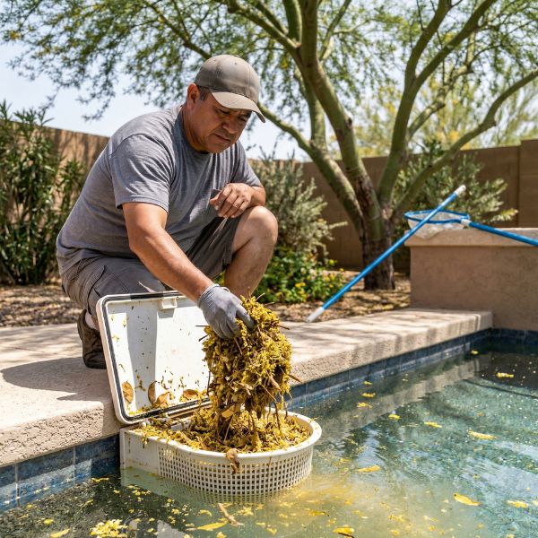 man cleaning pool debris