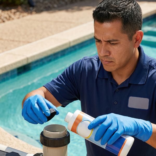 man testing pool chemicals