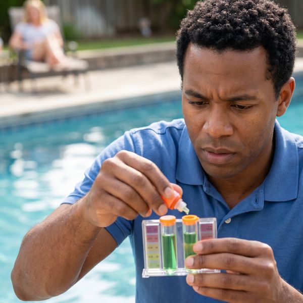 man testing pool chemicals