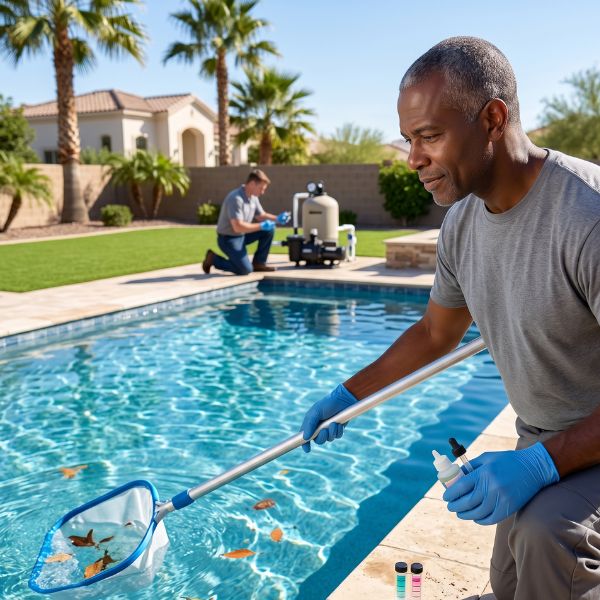 man cleaning pool